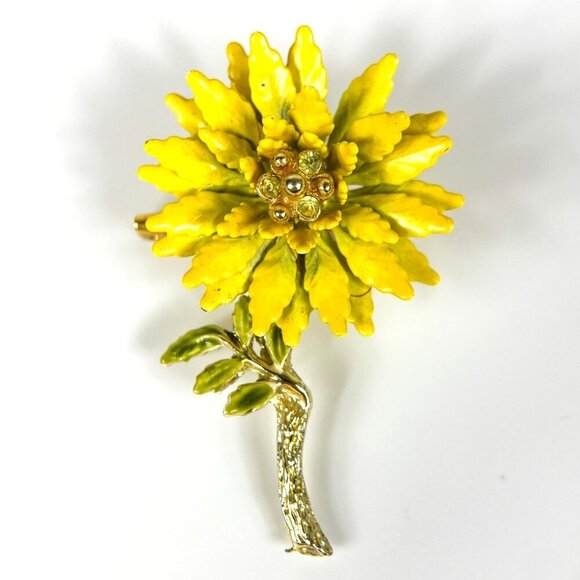 Vintage Yellow Enamel Flower Aster Daisy Brooch Pin Rhinestone Gold-Tone Stem - Picture 1 of 6